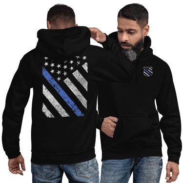 Thin Blue Line Hooded sweatshirt modeled in black